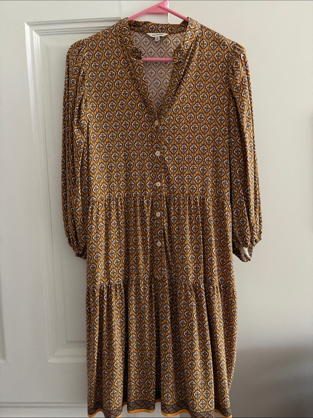 Max Studio Tiered Dress in Mustard Tile Print